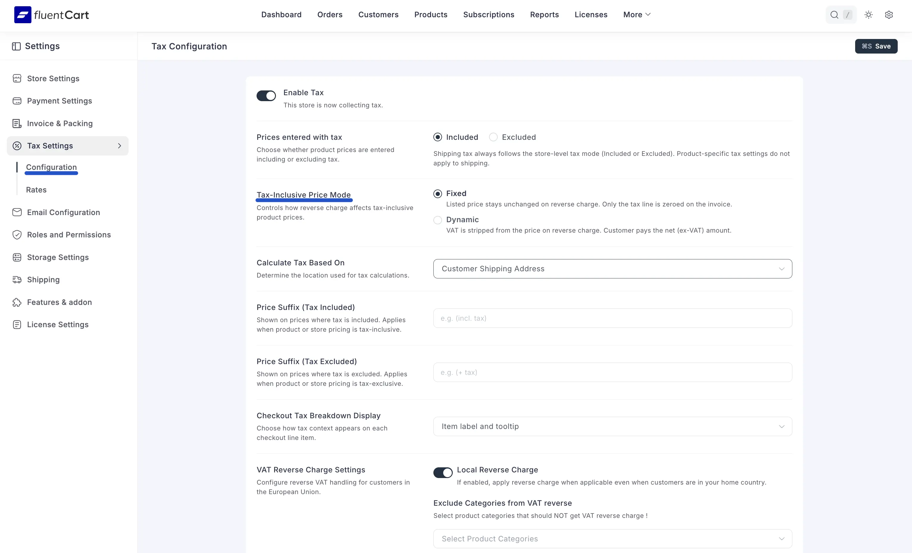 Screenshot of the Tax Configuration