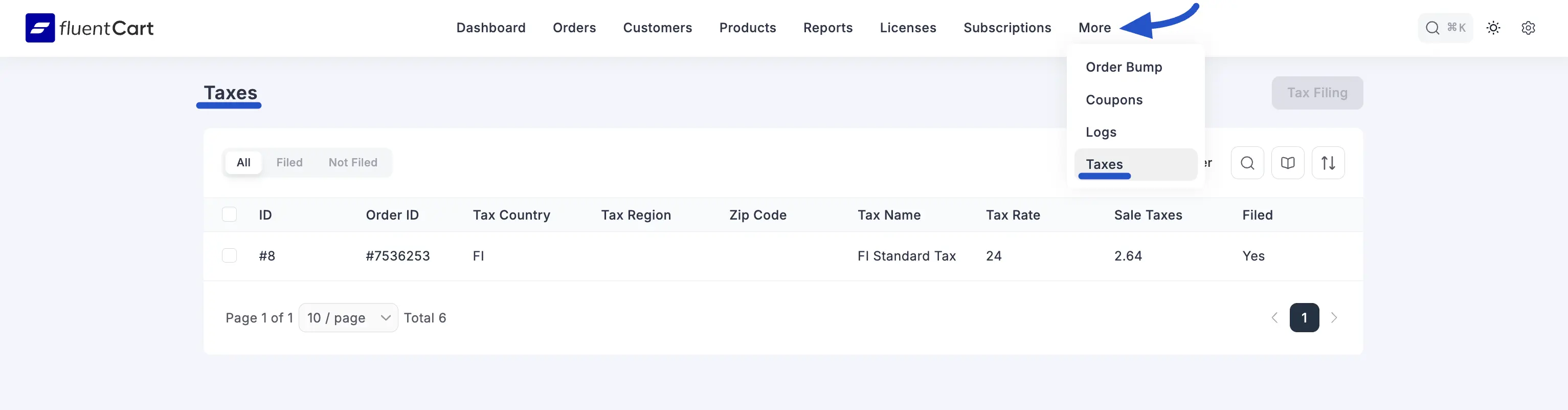 Screenshot of the Taxes screen with the collected-tax table