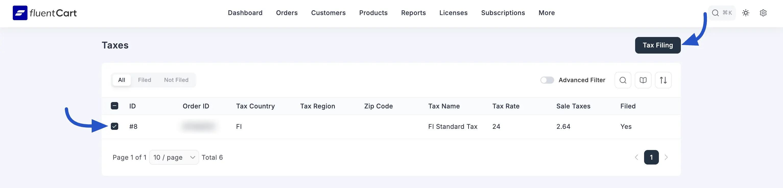 Screenshot of the Tax Filing summary modal with the selected records