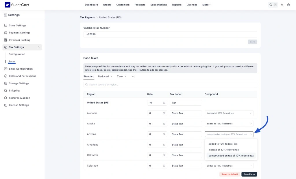 Screenshot of the Compound dropdown expanded with added to, instead of, and compounded on top of options