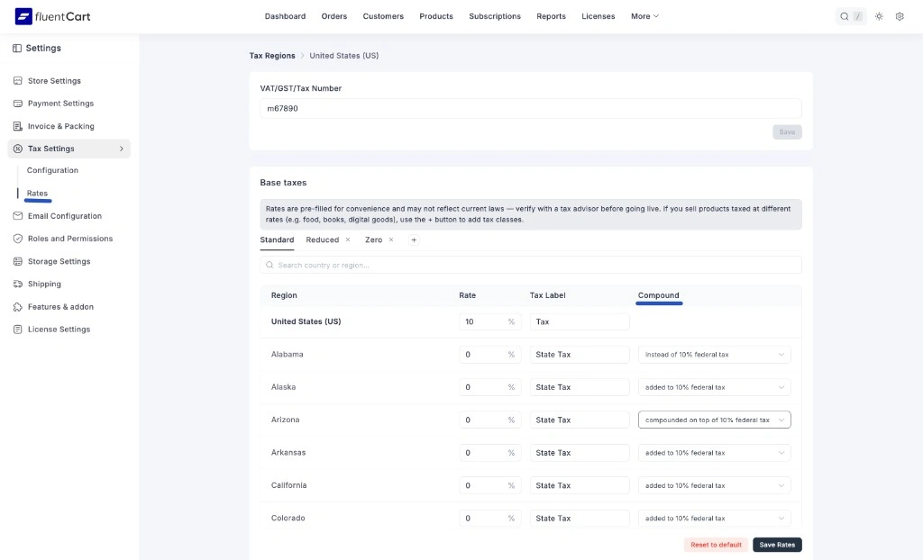Screenshot of the US Base taxes table with the Compound column and per-state stacking options