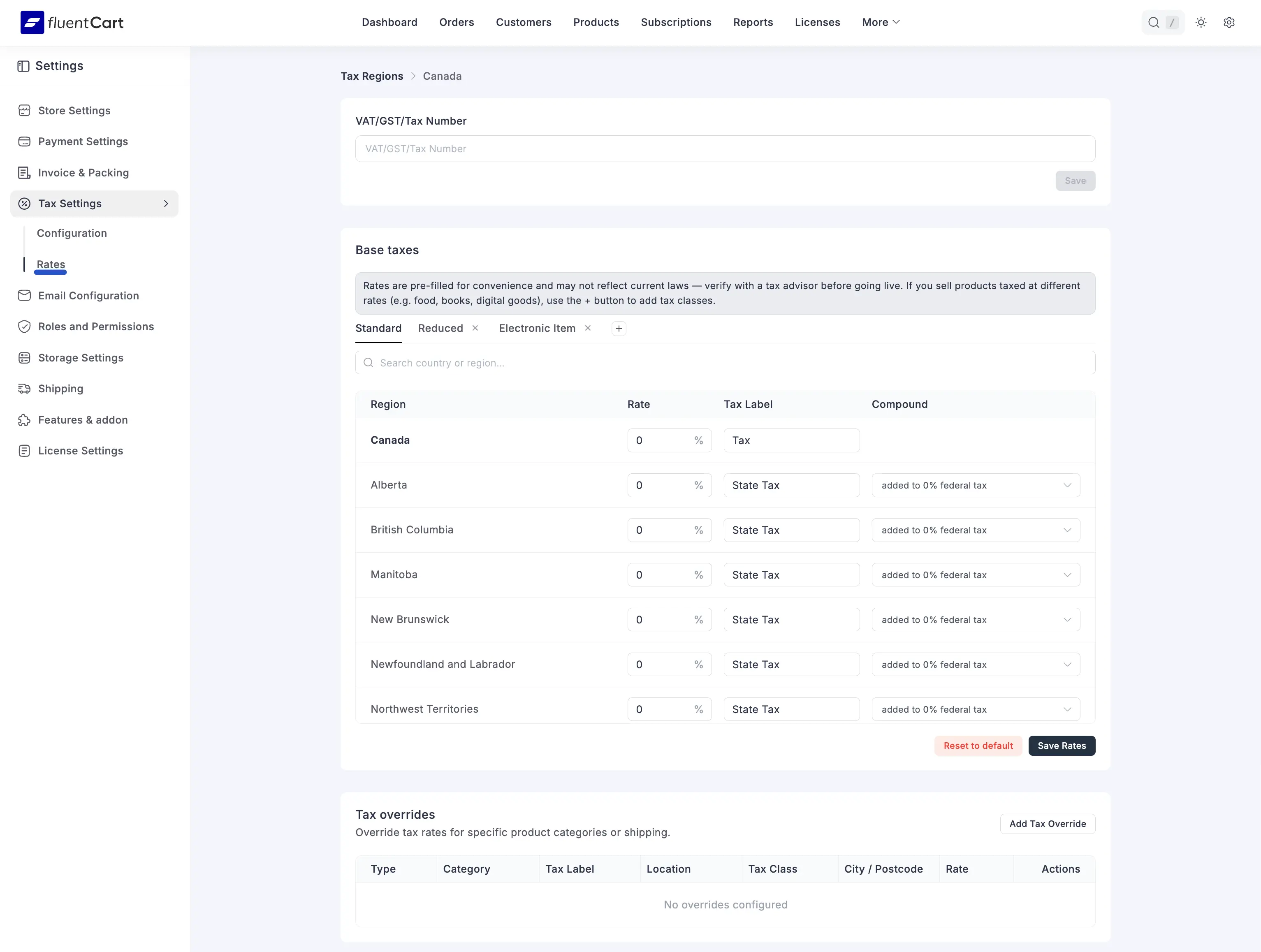 Screenshot of a region detail page with the VAT/GST/Tax Number card and the Base taxes card visible