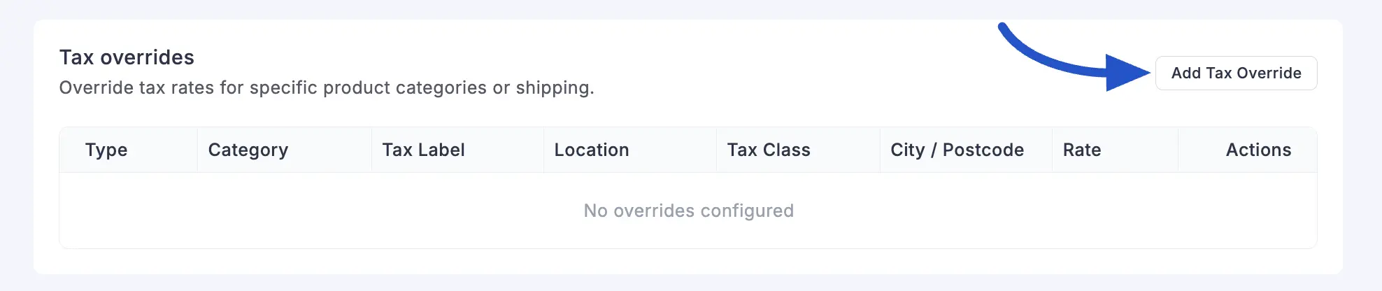Screenshot of the Tax Overrides section with the Add Tax Override modal opened
