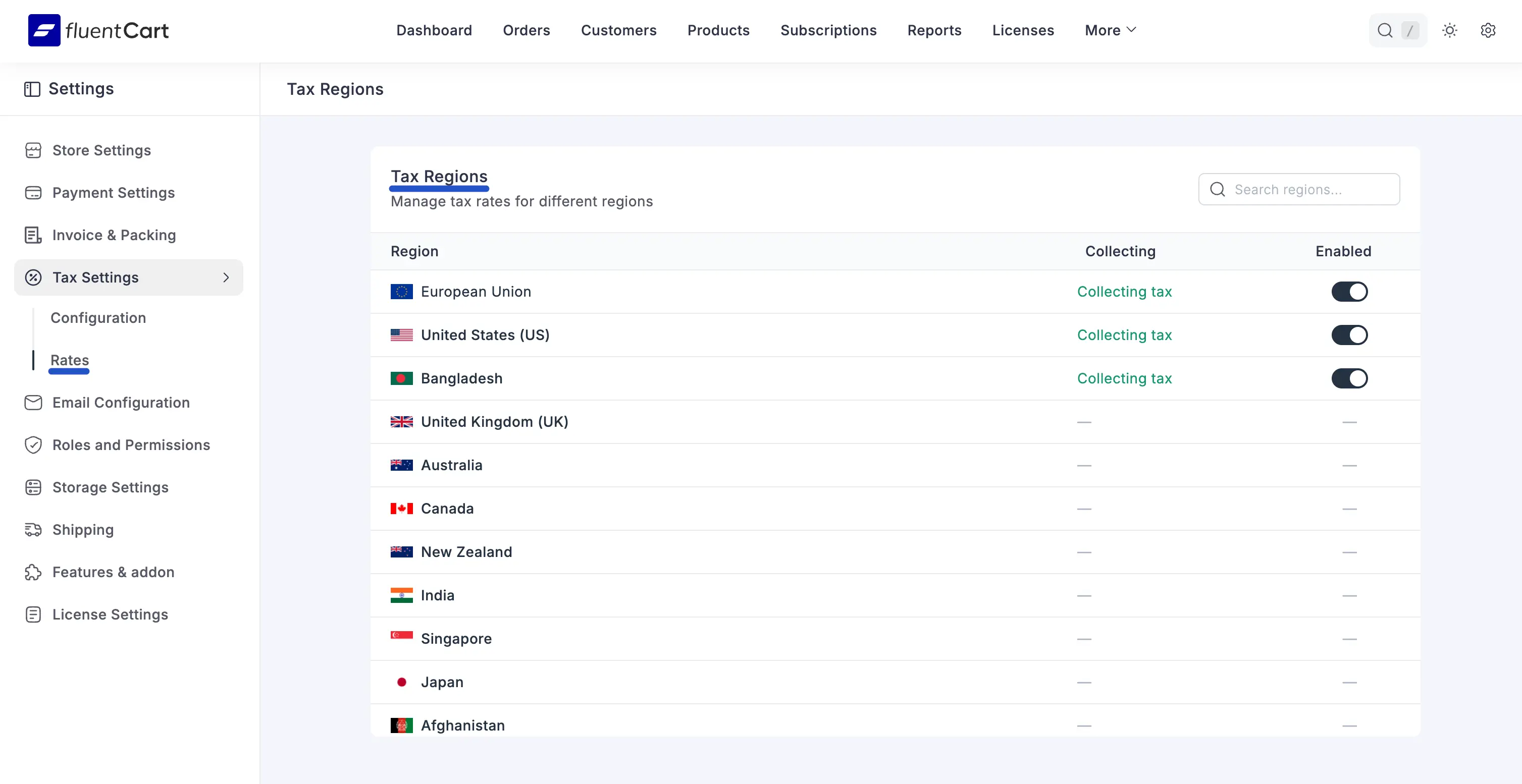 Screenshot of the Tax Regions list with the EU row collecting and other countries inactive